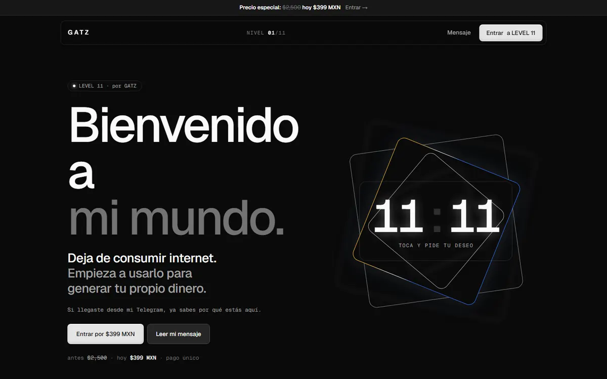 Página principal de LEVEL 11, una plataforma de cursos en línea.